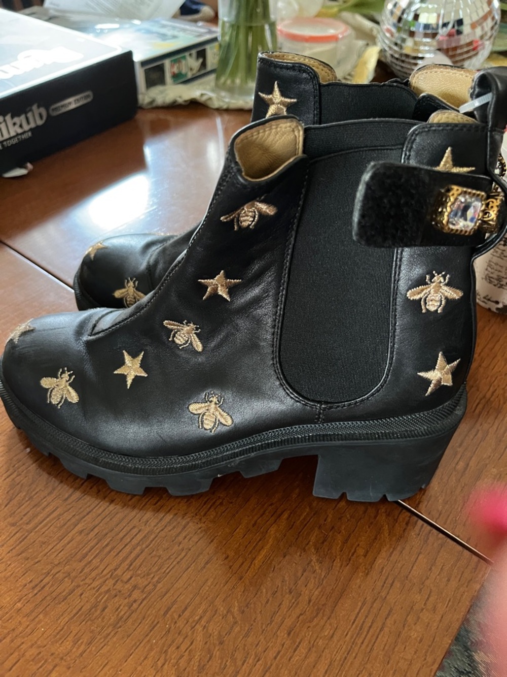 Gucci black  Embroidered Star & Bee Ankle Boots